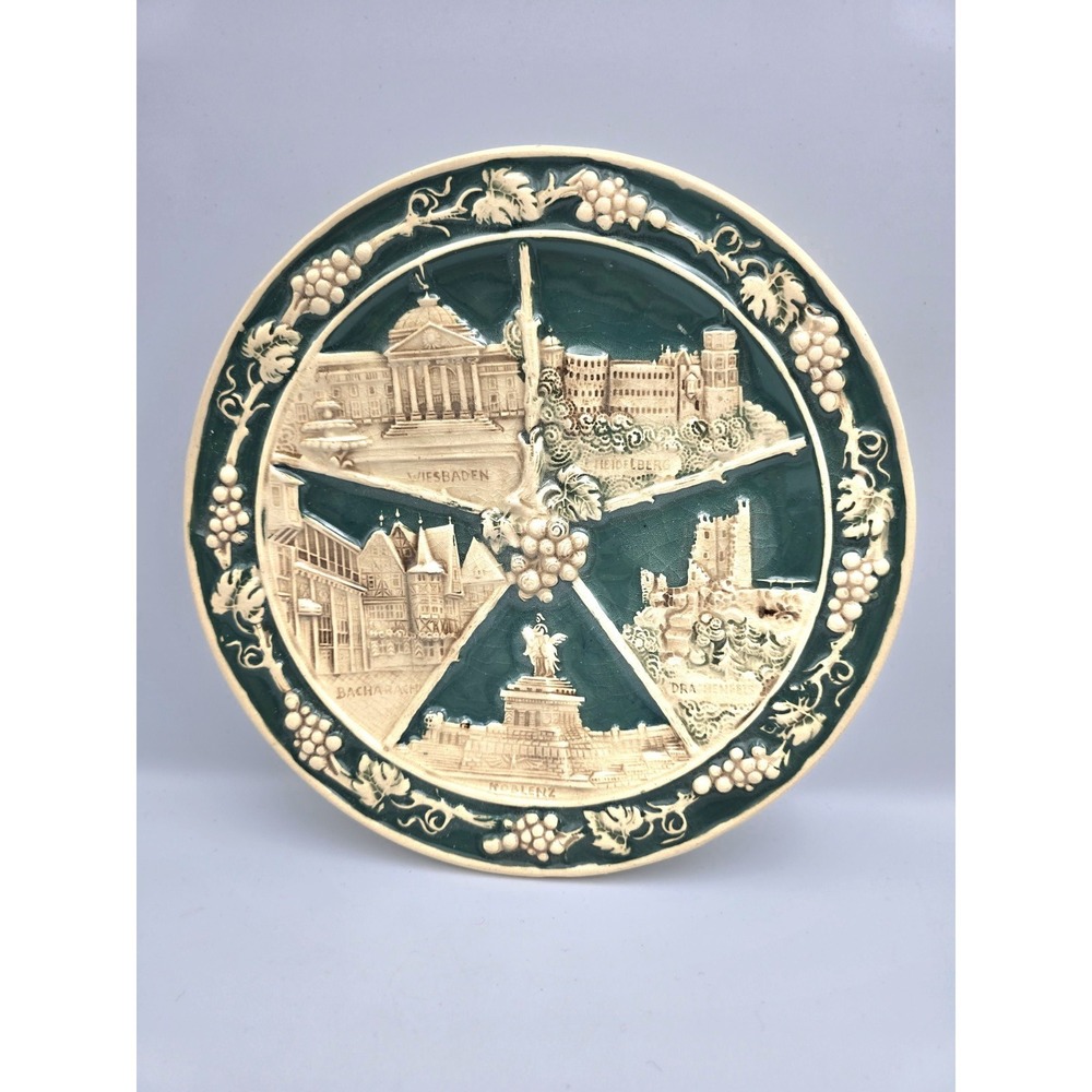 Emerald Green Majolica Decorative Relief Plate, Germany, Weisbaden, Roblenz